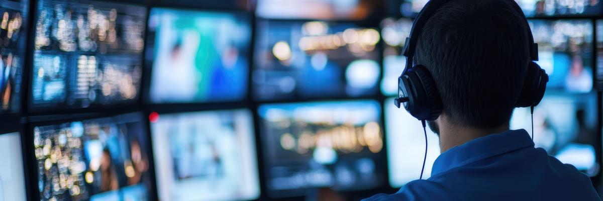 Man with headphones looking at a wall of camera feeds 