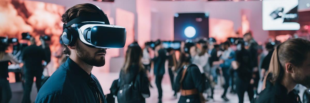 Man in room of people with VR headset on 