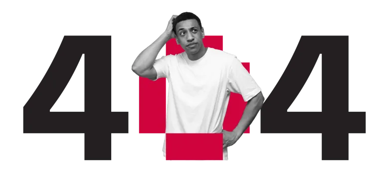 404 text with a confused man in the 0
